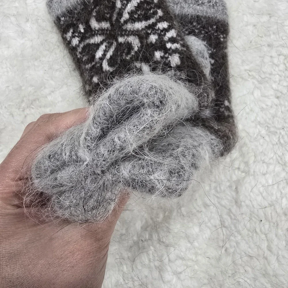 Handmade Goat Down Mittens Grey Brown Flower Pattern‎ Winter Warm Hand Knitted